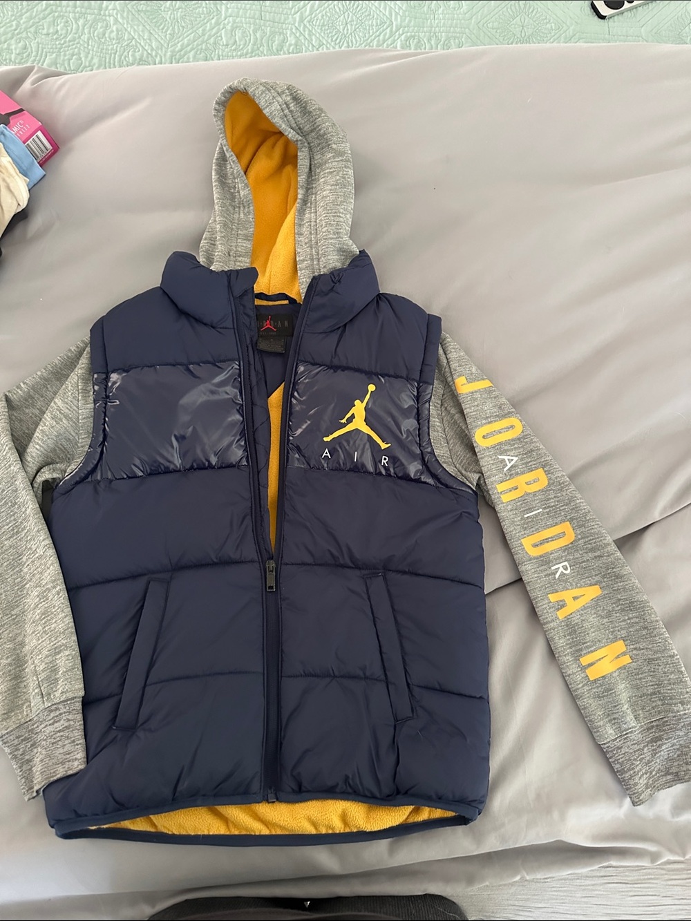 Jordan Navy Puffer Vest with Gray Hood & Yellow Logo Accents
